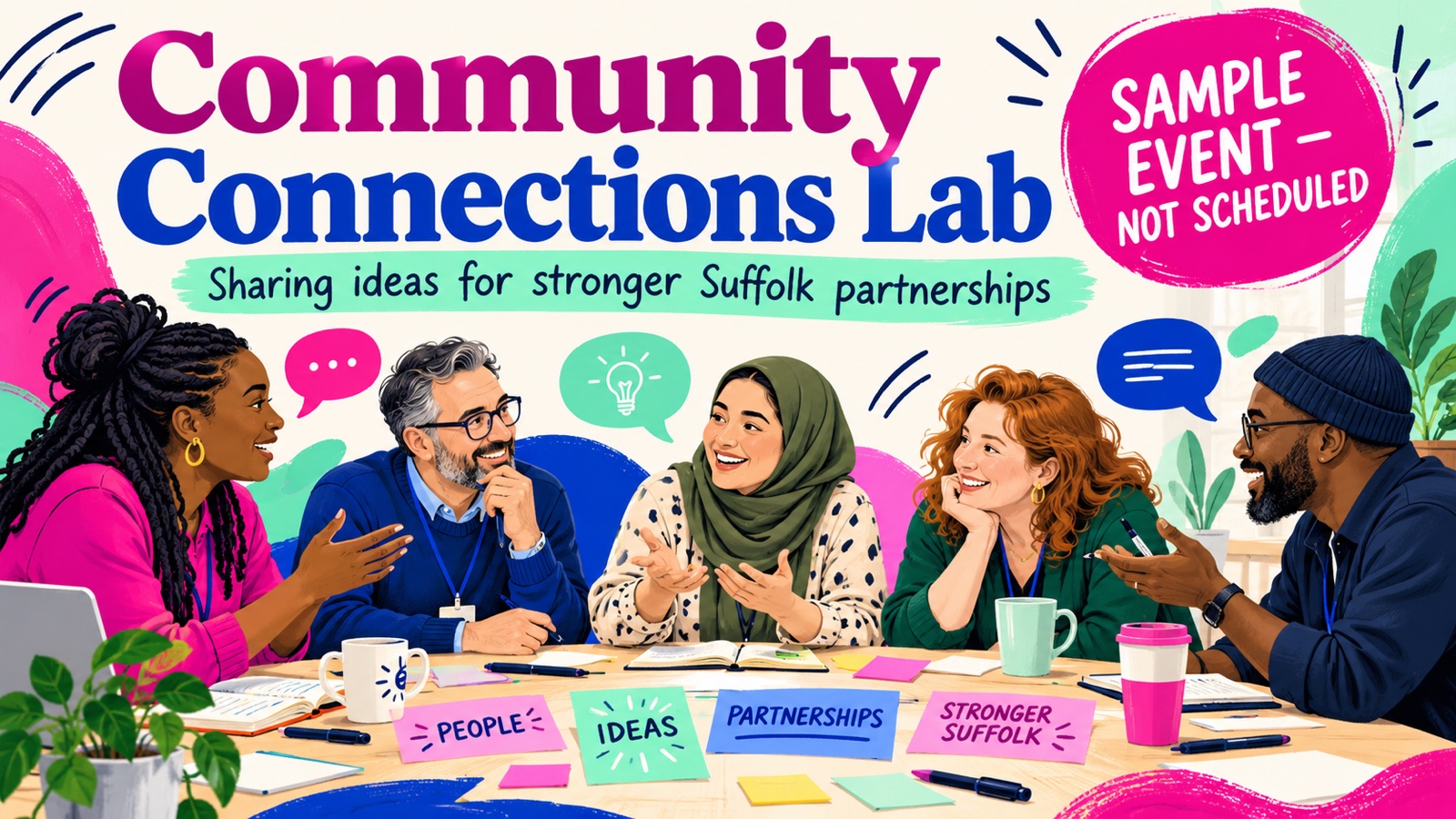 Illustration of five people talking around a table with notes reading People, Ideas, Partnerships and Stronger Suffolk. Text: Community Connections Lab, sharing ideas for stronger Suffolk partnerships. Badge: sample event, not scheduled.