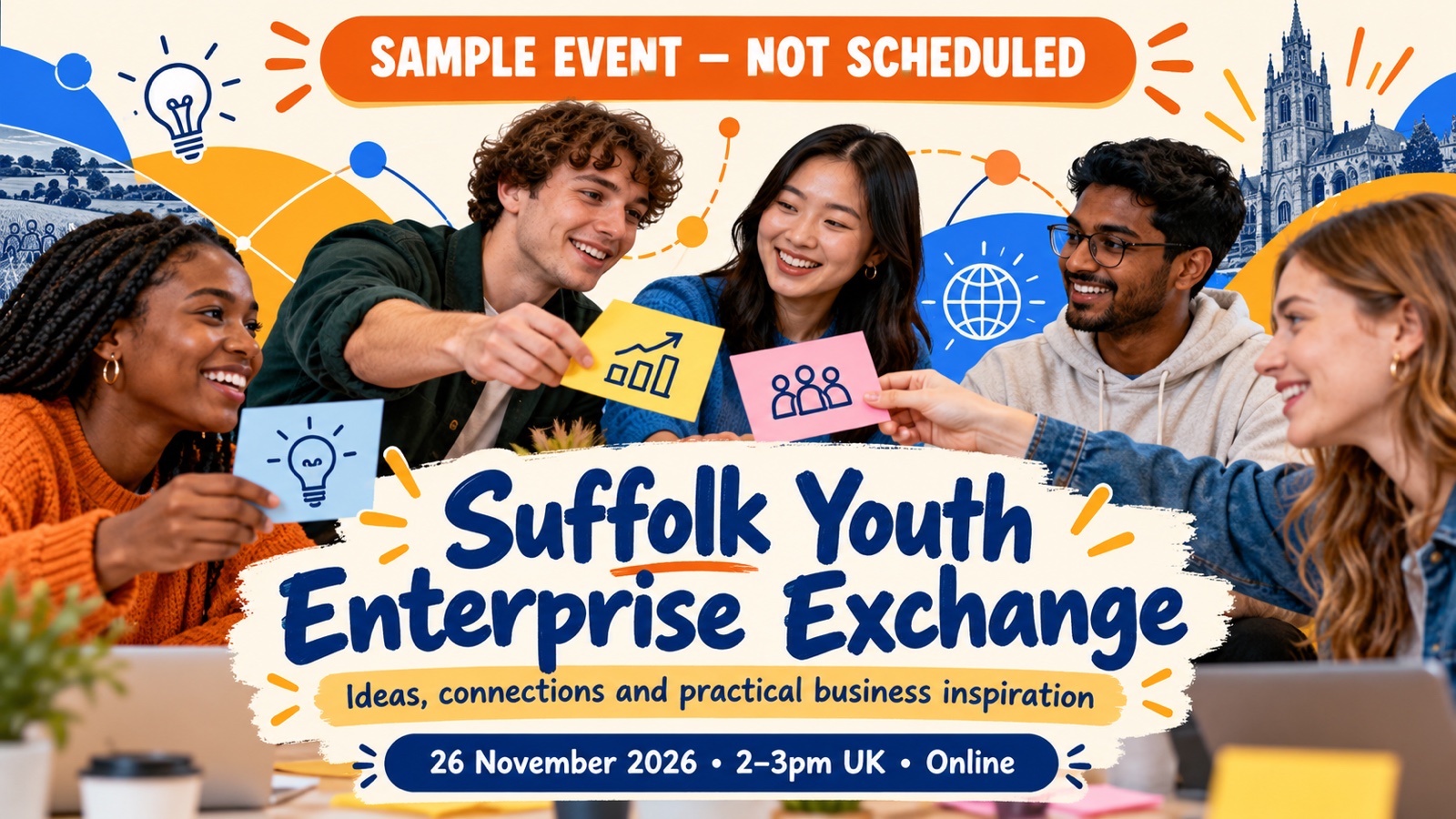 Five young people share sticky notes with idea, growth and team icons. Text: Sample event, not scheduled. Suffolk Youth Enterprise Exchange: ideas, connections and practical business inspiration. 26 November 2026, 2–3pm UK, online.